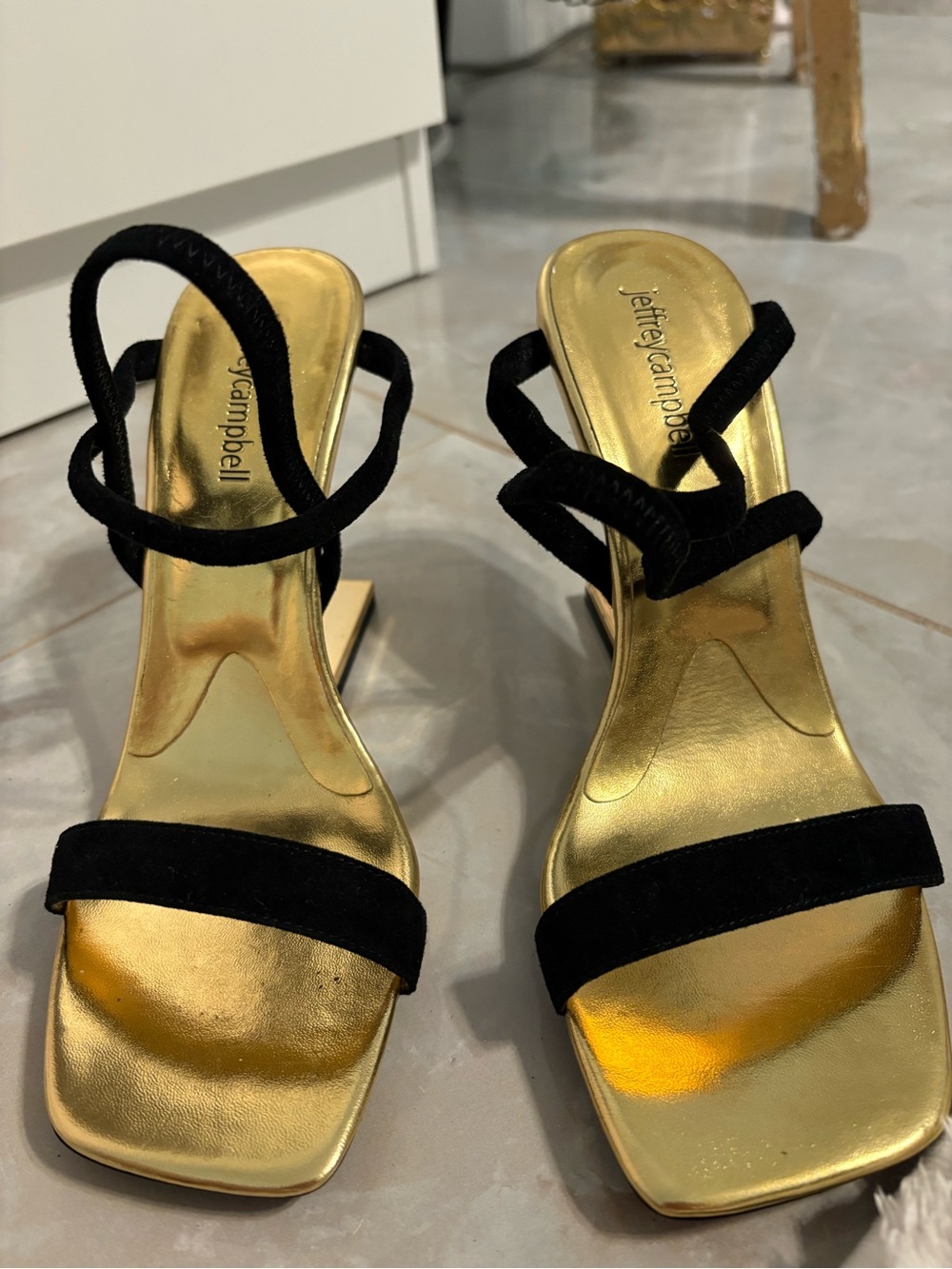 Jeffrey Campbell Black Suede Strappy Gold Metallic Sandal Heels
